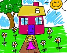 cartoon house with girl and flowers